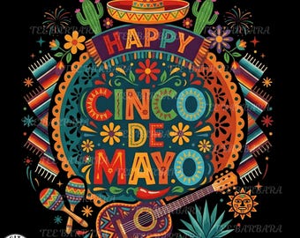 Happy Cinco de Mayo PNG, Mexican Fiesta Shirt Design, Vibrant Fiesta Party Sublimation, Sombrero and Guitar Graphics, Retro Mexico Art