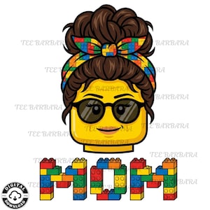 May include: A yellow Lego-style face with sunglasses and a brown bun hairstyle, wearing a colorful headband. The word "MOM" is spelled out in colorful Lego bricks below the face. The image has a white background.