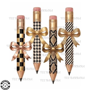 May include: Four pencils with pink erasers and gold ferrules, each adorned with a gold ribbon bow. The pencil patterns include black and gold checkerboard, black and white houndstooth, black and tan snakeskin, and black and white diagonal stripes.