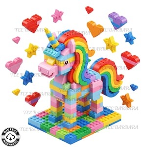 Könnte beinhalten: Ein farbenfrohes Einhorn aus Bausteinen, mit einer Regenbogenmähne und -schwanz sowie einem gelben Horn. Umgeben von herz- und sternförmigen Blöcken. Die Basis ist ein blauer und grüner Block. Der Text "TEE BARBARA" ist sichtbar.