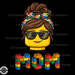 May include: A graphic featuring a Lego-style character with sunglasses and a colorful headband. The word "MOM" is spelled out in Lego bricks. The background is black.