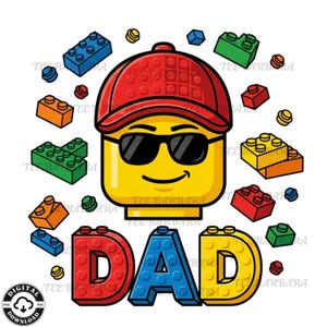 Puede incluir: Un gráfico digital con una cabeza amarilla estilo Lego que lleva una gorra roja y gafas de sol, rodeada de coloridos ladrillos de Lego. La palabra "DAD" está escrita con letras rojas, azules y amarillas estilo Lego. La imagen tiene un fondo blanco.
