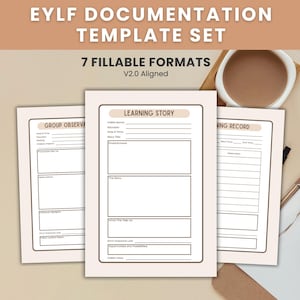 May include: A set of EYLF documentation templates featuring 7 fillable formats. The pages include headers for Learning Story, Group Observation, and Learning Record with fields for child name, educator, date, time, and structured sections for observations.