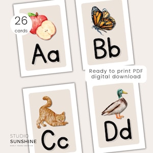Alfabetposter klaslokaal aquarel ABC-kaarten Digitale download pdf Reggio Montessori leermiddel voor thuisonderwijs
