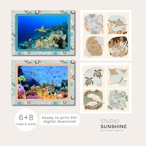 Pode incluir: Um conjunto de impressões digitais com tema marinho. Duas imagens retangulares apresentam cenas subaquáticas com corais e peixes, emolduradas em bordas azuis e bege estampadas. Seis ilustrações quadradas menores retratam várias criaturas marinhas.