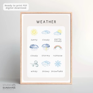 Affiche météo pour enfants d'âge préscolaire, carte météo imprimable, décor de salle de classe bohème neutre, aquarelle Montessori, chambre d'enfant, école à la maison, décoration numérique