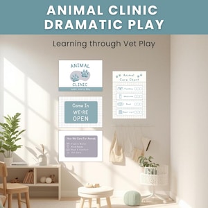 May include: A set of printable signs for an animal clinic dramatic play area, including an Animal Clinic sign, a We're Open sign, an Animal Care Chart with feeding and medicine trackers, and a How We Care For Animals sign with a grid background.