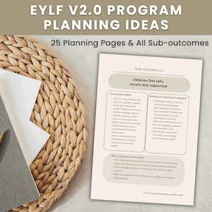May include: A printed document titled EYLF V2.0 PROGRAM PLANNING IDEAS with 25 Planning Pages & All Sub-outcomes. The page displays Sub-outcome 1.1, Children feel safe, secure and supported, with sections for Provocation ideas and Intentional Teaching Strategies.