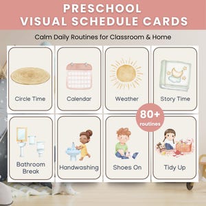 May include: Preschool visual schedule cards featuring 80+ routines with illustrations for circle time, calendar, weather, story time, bathroom break, handwashing, shoes on, and tidy up. Each card has a beige background and dark brown border.