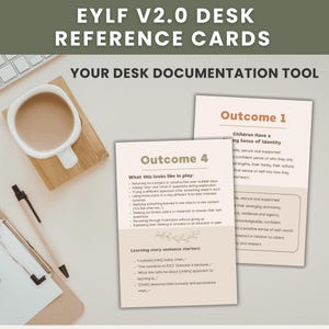 Puede incluir: Tarjetas de referencia de escritorio con el texto "EYLF V2.0 DESK REFERENCE CARDS" y "YOUR DESK DOCUMENTATION TOOL". Las tarjetas tienen el texto "Outcome 4" y "Outcome 1" con listas con viñetas de información. También se ve una taza de café blanca y un bolígrafo.
