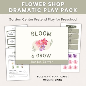 Puede incluir: Un conjunto de materiales imprimibles para juegos de rol de centros de jardinería. La imagen central presenta las palabras «BLOOM & GROW» con ilustraciones florales. Hojas adicionales incluyen tarjetas de juego de rol, consejos para el cuidado de las plantas y formularios de pedido. El tema está diseñado para juegos de preescolar.