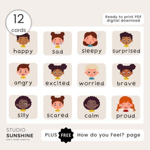 Emotions Flashcards for Kids Printable Feelings Cards with Diverse Characters Preschool SEL Calm Corner & Check-In Poster