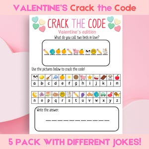 Könnte beinhalten: Valentinstag-Aktivitätsblatt mit dem Text "CRACK THE CODE". Das Blatt enthält ein Code-Knack-Puzzle mit Bildern und Buchstaben sowie die Frage "Wie nennt man zwei verliebte Vögel?" Das obere Banner lautet "VALENTINE'S Crack the Code".