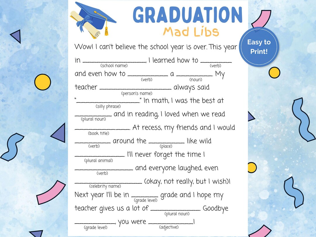Graduation Mad Libs: Funny Printable Kids Activity (PDF Download) - Etsy