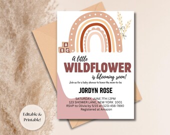 Invitación de baby shower con flores silvestres: Plantilla arcoíris bohemia (descarga digital)