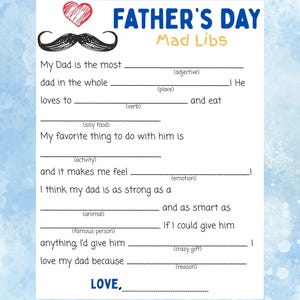 Father&#39;s Day Mad Libs: Funny Fill-In Printable (Digital Download)