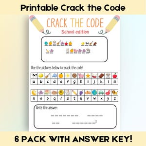 Puede incluir: Una hoja de trabajo imprimible "Crack the Code" con un tema escolar. La hoja de trabajo presenta una actividad para descifrar códigos con imágenes y letras correspondientes. La parte superior de la hoja de trabajo tiene el texto "Printable Crack the Code" y "CRACK THE CODE School edition". El texto inferior dice "6 PACK WITH ANSWER KEY!"
