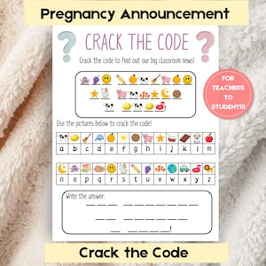 May include: A white paper with the text "Pregnancy Announcement" and "Crack the Code". The game includes a code-breaking puzzle with pictures and letters, designed for teachers and students. The background is a soft, white blanket.