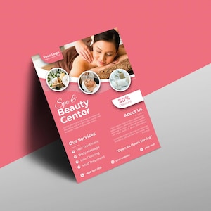 May include: A pink flyer advertising a Spa & Beauty Center. The flyer includes images of spa treatments, a woman receiving a massage, and a 30% discount. Services offered are hair treatment, body massage, hair coloring, and mud treatment.
