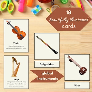 Musical Passport Global Instruments Montessori 3-Part Matching Flashcards | Pré-escola Educação em casa Jardim de infância Educação musical Imprimível