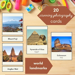 World Wonders Montessori 3-delige bijpassende flashcards | Bezienswaardigheden Geografie Digitaal afdrukbaar hulpmiddel voor kleuters Kleuterschool Homeschool