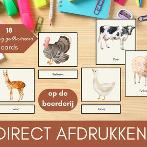 May include: 18 illustrated cards featuring farm animals, including a llama, goose, sheep, cow, and turkey. The cards are labeled with the Dutch names for each animal. The text "op de boerderij" (on the farm) is also included.