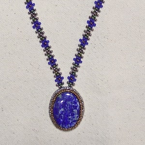 Handmade, one of a kind seed bead necklace with lapis lazuli stone