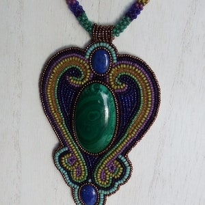 Handmade, one of a kind seed bead necklace with malachite and lapis lazuli stones