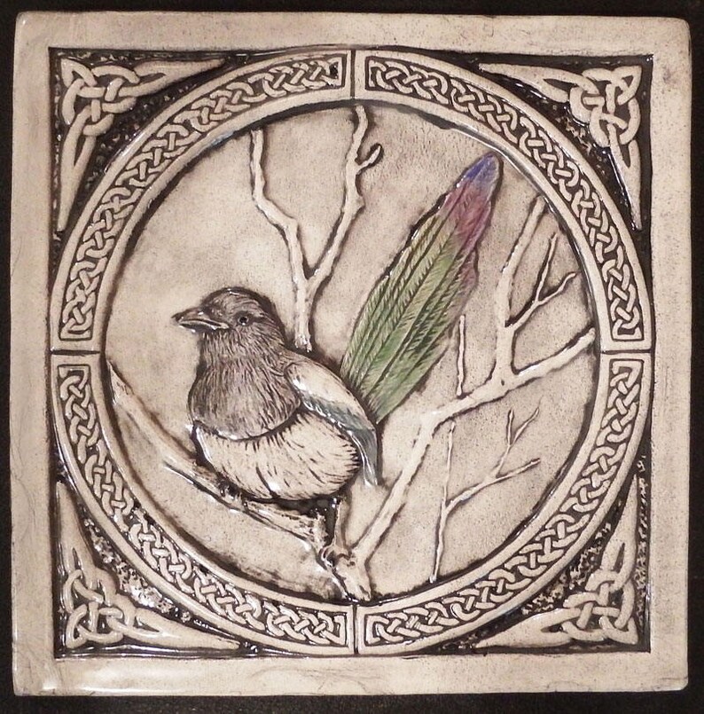 Celtic Magpie relief carved ceramic tile Etsy