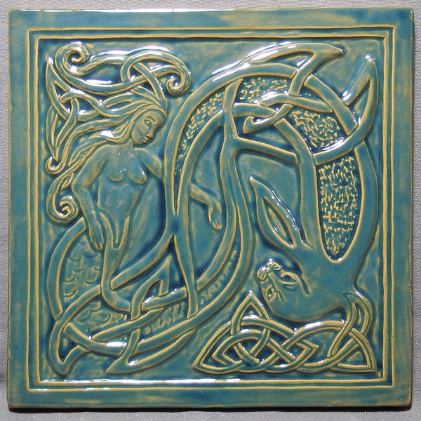 Handmade Celtic mermaid and seal ceramic tile