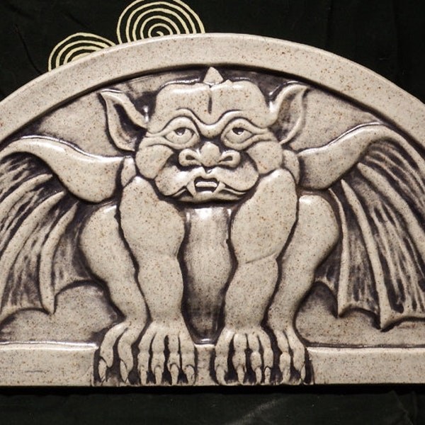 Handmade relief carved ceramic gargoyle art tile