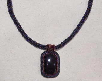 Handmade, one of a kind seed bead necklace with black onyx stone