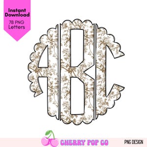 Scalloped Monogram Letter Set, Brown Toile Custom Monogram, PNG Digital Download