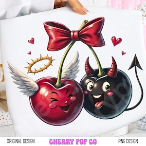 Ángel y diablo cereza PNG, diseño de camiseta retro kawaii, descarga digital