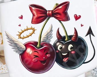 Angel and Devil Cherry PNG, Retro Kawaii T-Shirt Design Digital Download