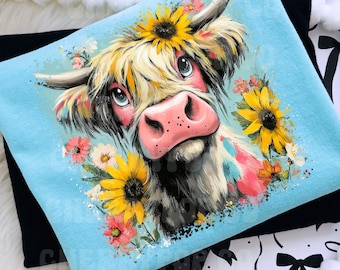Highland Cow PNG T-Shirt Design, Retro Sunflower Digital Download