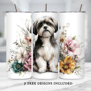 Embalagem para copo floral Shih Tzu: Design de sublimação para mãe de cachorro (download digital em PNG)