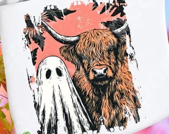 Highland Cow Ghost PNG, Spooky Fall Design (Digital Download)