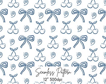 Patrón de lazo de cereza, diseño sin costuras de cerezas y lazos coquetos dibujados a mano, papel digital de arte lineal