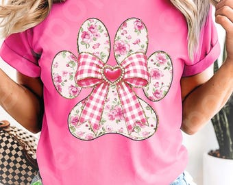 Huella de pata floral coqueta PNG, lazo rosa para amantes de los perros, descarga digital por sublimación