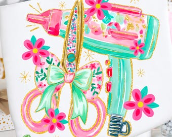 Estilista de cabello estilo preppy PNG, lazo floral coqueto, cosmetóloga PNG, descarga digital