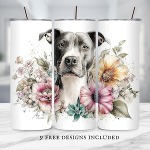 Pitbull Floral Tumbler Wrap PNG | Dog Mom Sublimation Design | Cute Pitbull with Flowers 20oz Skinny Tumbler Digital Download