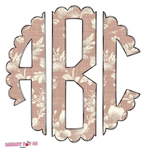 Pink Rose Toile Monogram Letters: Scalloped Doodle Alphabet (PNG Digital Download