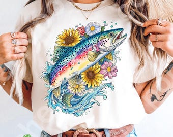 Rainbow Trout Shirt Design PNG, Girly Fishing Sublimation Design, Flower Digital Download