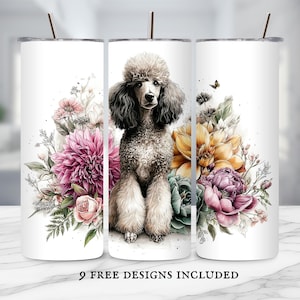 Pastel Poodle Floral Skinny Tumbler Wrap - Commercial Use PNG Design - Digital Download for Dog Moms - Sublimation for 20oz Tumbler
