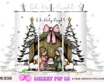 Nativity Scene 20oz Tumbler Wrap, Pink Bow PNG, Coquette Christmas PNG