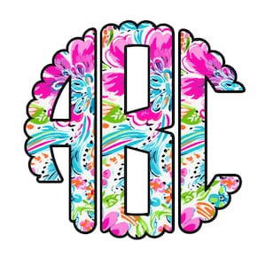 May include: A monogram design featuring the letters ABC in a floral pattern. The letters are outlined in black and filled with a colorful design of pink, blue, green, and orange flowers on a white background. The outer edge has a scalloped border.
