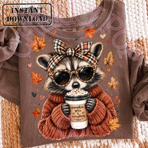 May include: A brown crewneck sweatshirt featuring a graphic of a raccoon wearing a plaid hair bow and leopard print sunglasses. The raccoon wears a rust-colored sweater and holds a coffee cup with the text pumpkin spice & everything nice.