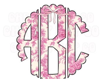 Pink Toile Monogram Letters: Scalloped Doodle Alphabet (PNG Digital Download