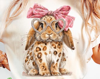 Hasen-PNG, Kokettes Leopardenhasen-Sublimationsdesign, Frühlingsgrafik mit Schleifenbrille, Digitaler Download
